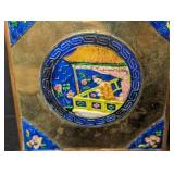 LL - Chinese Cloisonné Brass Decor: Enamel Vase on Pedestal with Floral Motifs & 2 Matching Box Panels