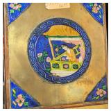 LL - Chinese Cloisonné Brass Decor: Enamel Vase on Pedestal with Floral Motifs & 2 Matching Box Panels