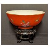 LL - Bowl - Vintage Chinese Red Glazed Bowl with Floral Motifs on Carved Stand