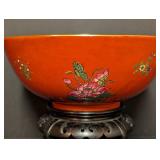 LL - Bowl - Vintage Chinese Red Glazed Bowl with Floral Motifs on Carved Stand