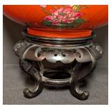 LL - Bowl - Vintage Chinese Red Glazed Bowl with Floral Motifs on Carved Stand