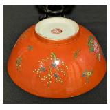 LL - Bowl - Vintage Chinese Red Glazed Bowl with Floral Motifs on Carved Stand