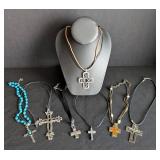 LL - Crucifix Necklace Set - 7 Cross Pendants on Leather & Metal Chains