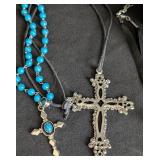 LL - Crucifix Necklace Set - 7 Cross Pendants on Leather & Metal Chains
