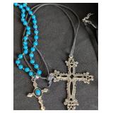 LL - Crucifix Necklace Set - 7 Cross Pendants on Leather & Metal Chains