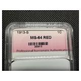 1913-S Lincoln Cent PNA MS64  RED - Greysheet Wholesale Value for an MS64 RB is $450!!