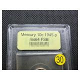 1941-P (Mislabeled as a 1945-P) Silver Mercury Dime USCG MS64 FSB - Greysheet Wholesale Value for An MS64 FSB is $22