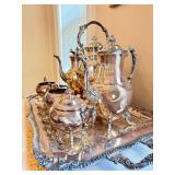 Ornate Antique Hallmarked Silver Plated Tea Service Set w/Tray