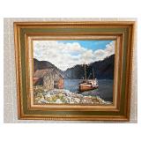 Very Nice Vintage Oil on Canvas Board Mountain Lake Landscape Scene