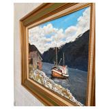 Very Nice Vintage Oil on Canvas Board Mountain Lake Landscape Scene