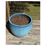 Blue Glazed Ceramic Planter Pot Textured Large 17in x 14in Good