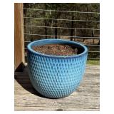 Blue Glazed Ceramic Planter Pot Textured Large 17in x 14in Good