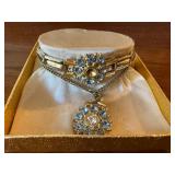 Vintage Blue Rhinestone Bracelet Necklace Set Silvertone Missing Stone