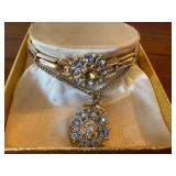 Vintage Blue Rhinestone Bracelet Necklace Set Silvertone Missing Stone