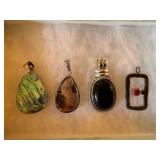 Lot of 4 Stone & Shell Pendants Abalone Black Cabochon Silver Tone