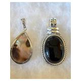 Lot of 4 Stone & Shell Pendants Abalone Black Cabochon Silver Tone