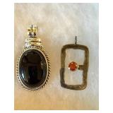 Lot of 4 Stone & Shell Pendants Abalone Black Cabochon Silver Tone