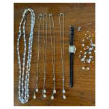 Mixed Costume Jewelry Lot Real Imperfect Pearl Necklaces & Quartz Watch
