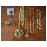 Vintage Gold Tone Costume Jewelry Lot Necklaces Pin Earrings 7 Pc