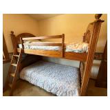 Oak Twin Over Full Bunk Bed with Ladder Spindle Panels Good