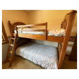Oak Twin Over Full Bunk Bed with Ladder Spindle Panels Good