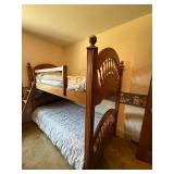 Oak Twin Over Full Bunk Bed with Ladder Spindle Panels Good