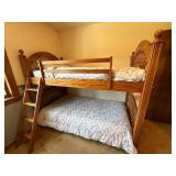 Oak Twin Over Full Bunk Bed with Ladder Spindle Panels Good