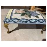 Vintage Hydrangea Tapestry Footstool Ottoman w Brass Tone Legs