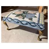Vintage Hydrangea Tapestry Footstool Ottoman w Brass Tone Legs