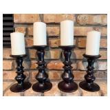 Set of 4 Turned Wood Pillar Candle Holders Dark Finish 2 Sizes
