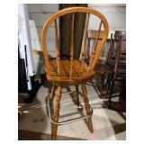 Three Windsor Style Wood Bar Stools Hoop Back Turned Legs Metal Footrest