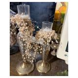 Pair Brass Tone Glass Hurricane Candle Holders w Pearl Garland Decor