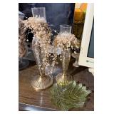 Pair Brass Tone Glass Hurricane Candle Holders w Pearl Garland Decor