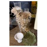 Pair Brass Tone Glass Hurricane Candle Holders w Pearl Garland Decor