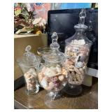 Set of 3 Glass Apothecary Jars w Seashells Coastal Decor Lidded