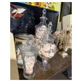 Set of 3 Glass Apothecary Jars w Seashells Coastal Decor Lidded