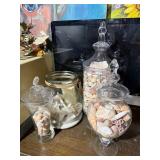Set of 3 Glass Apothecary Jars w Seashells Coastal Decor Lidded