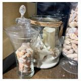 Set of 3 Glass Apothecary Jars w Seashells Coastal Decor Lidded
