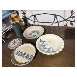 Art Pottery Stoneware Bowls & Wall Plaque Blue Gray Folk Decor Lot