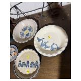 Art Pottery Stoneware Bowls & Wall Plaque Blue Gray Folk Decor Lot