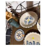 Art Pottery Stoneware Bowls & Wall Plaque Blue Gray Folk Decor Lot