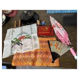 Antique WW2 Era Japanese Decor Lot Lacquer Fan Parasol Textile Figurines Box