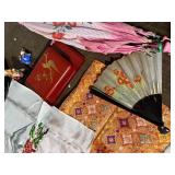 Antique WW2 Era Japanese Decor Lot Lacquer Fan Parasol Textile Figurines Box