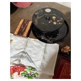 Antique WW2 Era Japanese Decor Lot Lacquer Fan Parasol Textile Figurines Box