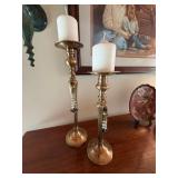Pair Brass Tone Pillar Candle Holders Beaded Accents 21in Good