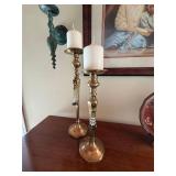 Pair Brass Tone Pillar Candle Holders Beaded Accents 21in Good