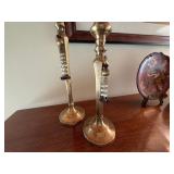 Pair Brass Tone Pillar Candle Holders Beaded Accents 21in Good