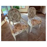 Pair Oval Back Upholstered Host Chairs Floral Fabric Cream Finish