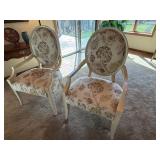 Pair Oval Back Upholstered Host Chairs Floral Fabric Cream Finish