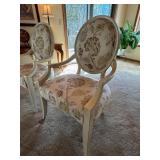 Pair Oval Back Upholstered Host Chairs Floral Fabric Cream Finish